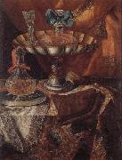 unknow artist Still life of a wine glass and bottle in a parcel gilt tazza together with a glass decanter on a pewter dish upon a draped tabletop France oil painting artist